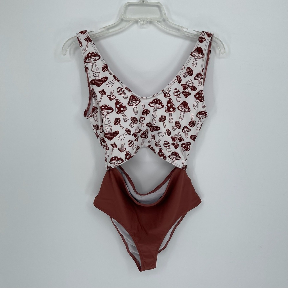 Women's Rust Mushroom Print Cut Out Stretch One Piece Monokini Swimsuit Size M